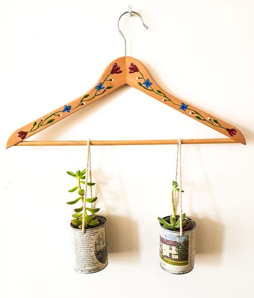 Recycled Coat Hanger With Two Tin Can Planters 8198 Stall Craft Collective